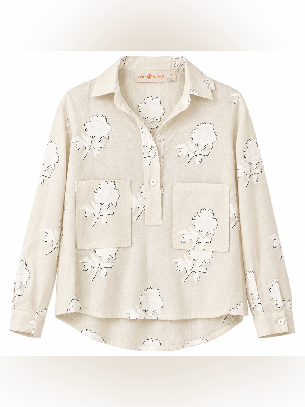 Tory Burch Ivory Floral Linen Popover Blouse Size 4 Patch Pocket Resort Top